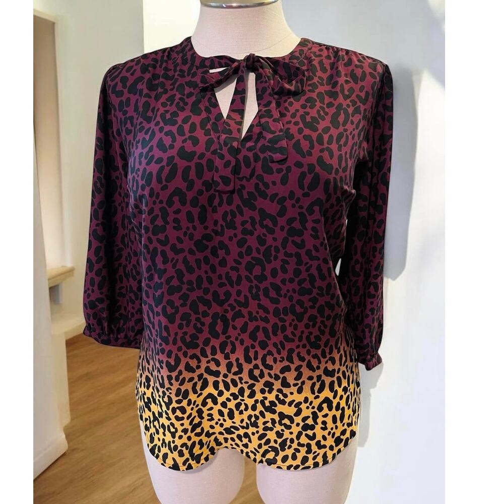 Torrid 1 (1X) Ombre Leopard Georgette Secretary Tie Neck 3/4 Sleeve Blouse Top